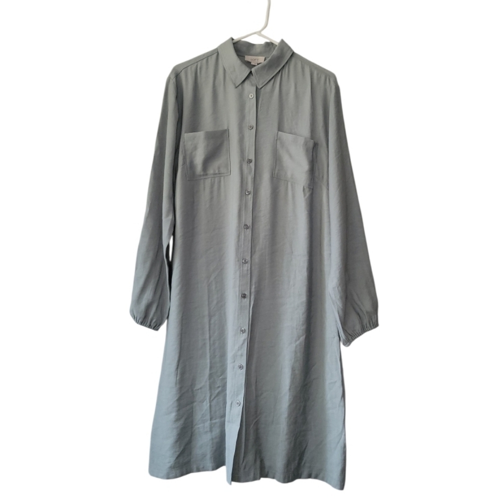 NWT Loft Outlet Button Down Shirt Dress Tunic Long Sleeve Sage Green Twill 14